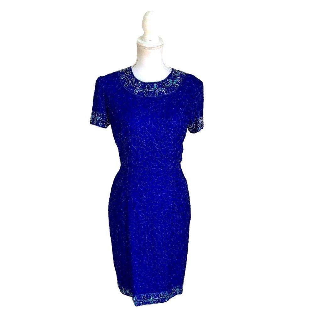 Vintage Adriana Papell Royal Blue Silk Beaded Cocktail Dress